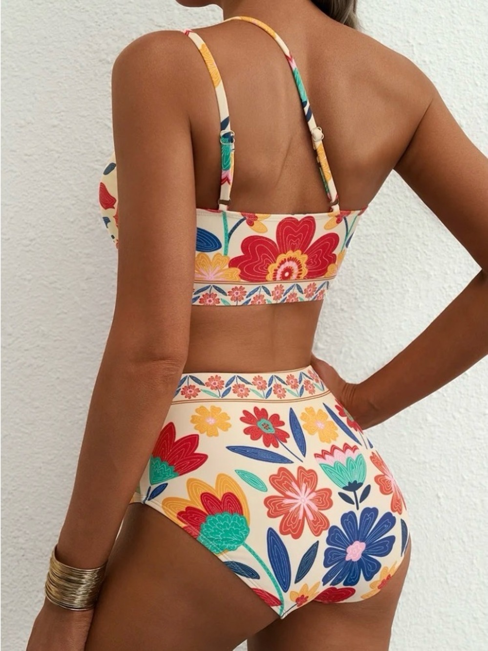 Floral One Shoulder High-Waist Bikini Set - Cream Multicolor, Tropical, NWOT M - Picture 3 of 11